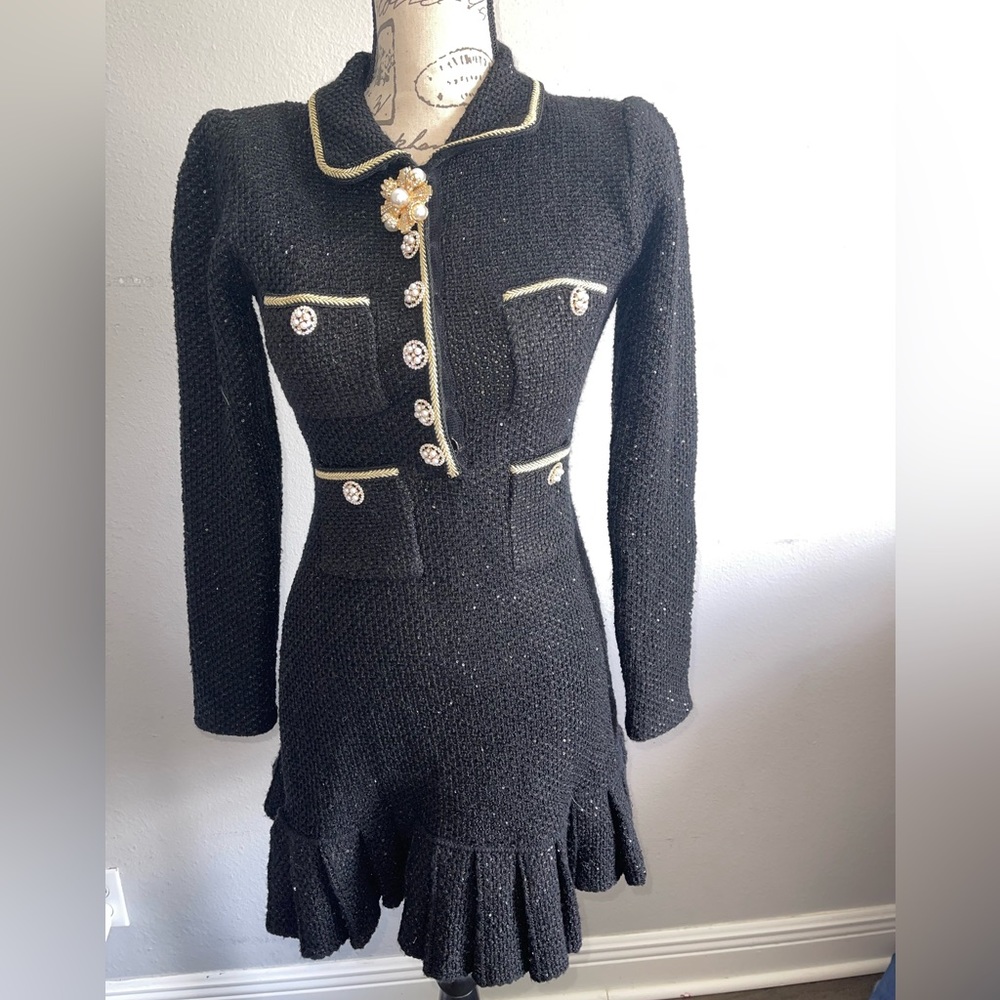 SELF PORTRAIT 
BLACK knit EMBELLISHED MINI DRESS
